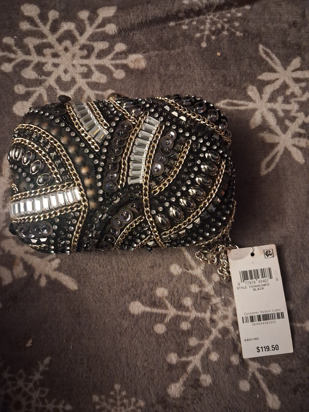 INC International Concepts Black Beaded Evening Clutch with Gold Chain